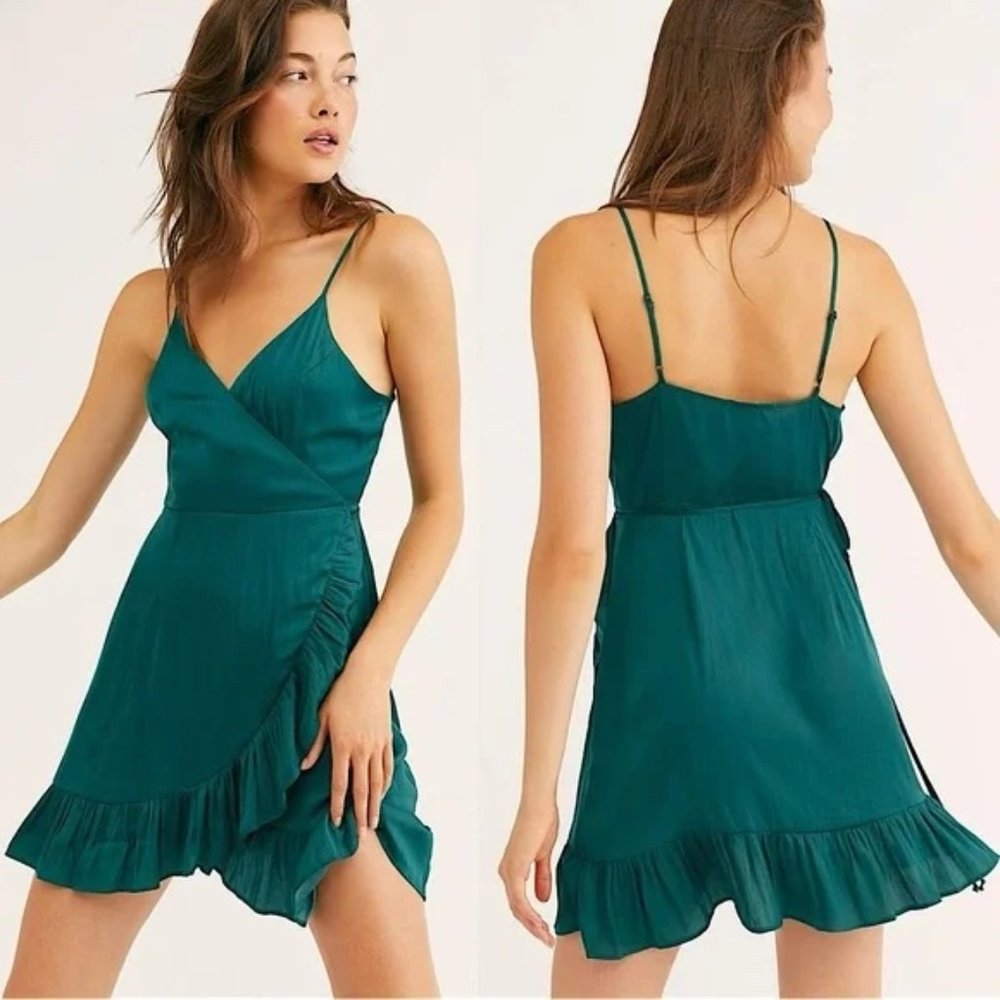Free People Teal Wrap Ruffle Mini Dress